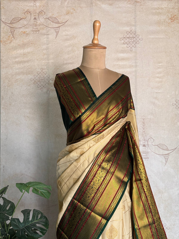 Semi Kanchi Silk Saree – Off-White Kanchi Zari Border