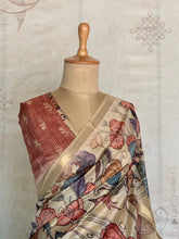Kalamkari butterfly lotus print close up linen saree