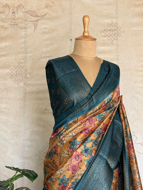 Chandini - Kalamkari Antique Zari Border Saree – Mustard Gold & Peacock Blue