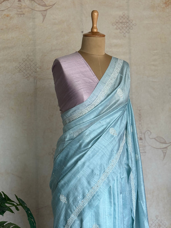 Chandheri Silk Saree – Mist Blue with Hand Embroidery & Blush Border