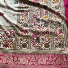Banarasi Zari Striped Saree with Kalamkari Border & Matching Butta Blouse