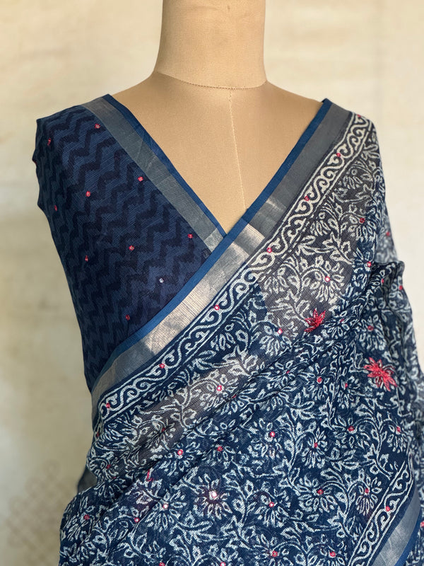 Indigo Kota Cotton Saree with Embroidered Floral Details