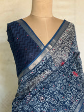 Indigo Kota Cotton Saree with Embroidered Floral Details