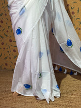 White Mul Cotton Hand-Painted Saree with Blue Floral Motifs