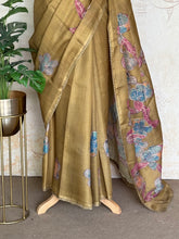 Shraddha - Linen Floral Applique Saree — Khaki Gold with Hakoba Lace Border