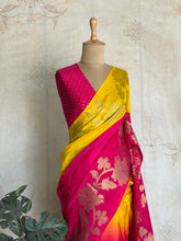 Advika Ombre Tussar Saree – Pink & Yellow Floral Zari