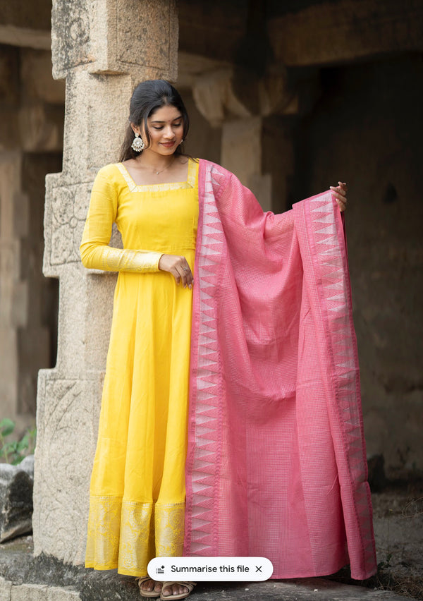 Hema - Pure Cotton Full Sleeve Anarkali Dress with Zari Border & Dupatta – Sunshine Yellow