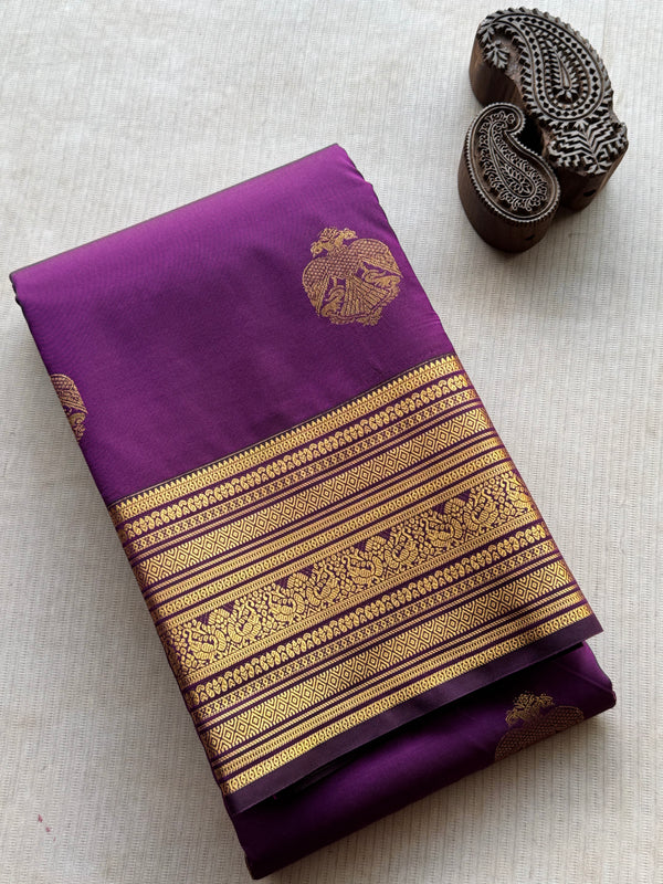 Royal Violet Semi Kanchi Silk Saree with Antique Gold Zari Weave