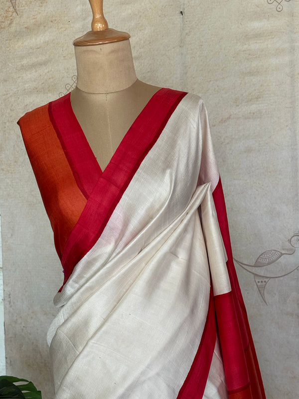 Vihara - Pure Tussar Silk Saree Ivory White with Red Border & Multicolor Pallu
