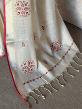 Jivika - Ivory Pure Linen Saree with Hand Embroidery & Red Selvedge