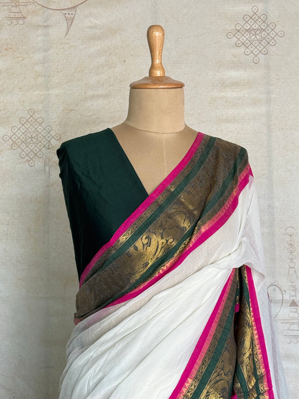 Mul Cotton Saree With Zari Accents - Onam Edit
