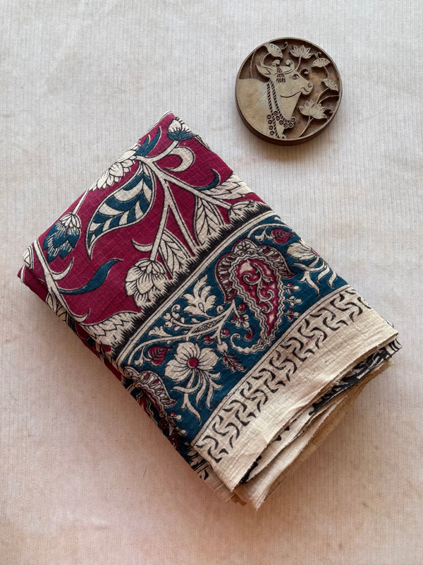 Kota Cotton Kalamkari Saree with Floral Body & Ramayana Pallu