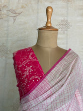 Nandita - Blush Pink Checks Pure Cotton Saree with Floral Blouse
