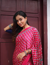 Rani Pink Modal Silk Bagru Print Saree with Mirror Work | Ajrakh Blouse