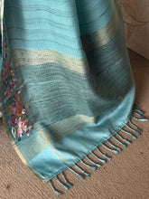 Vasantika - Aqua Blue Pure Tussar Saree with Floral Embroidered Borders