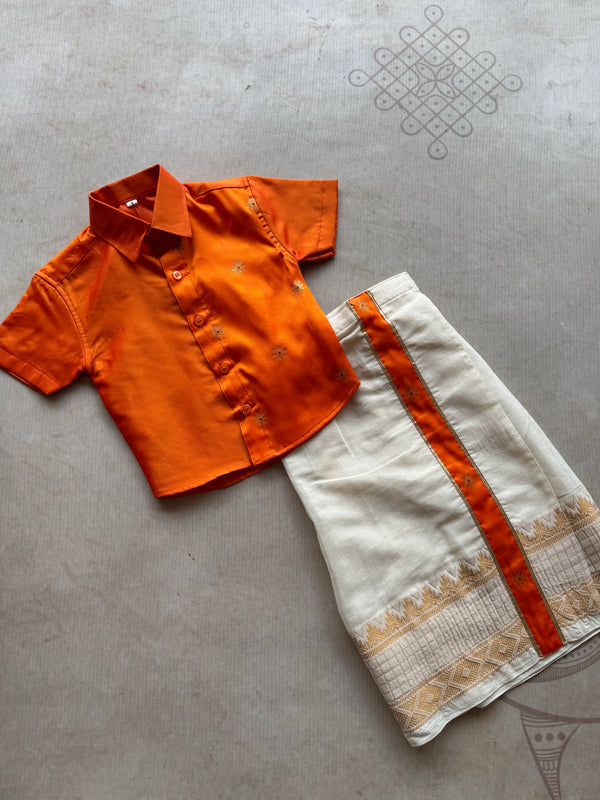 Boys Silk Shirt & Cotton Dhoti Set – Festive Orange Elegance