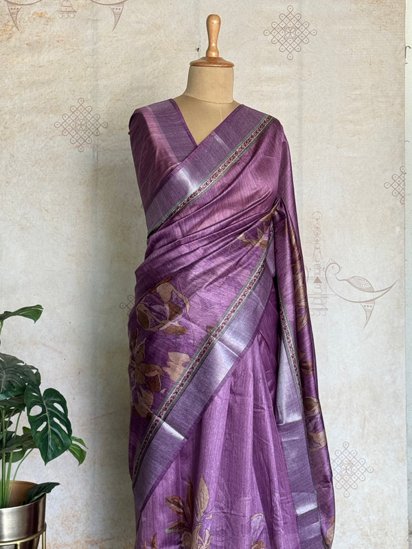 Dhanya - Lavender Bloom Tussar Silk Saree With Digital Floral Print