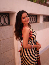 Black & Red Modal Saree with Striped Body and Ajrakh Printed Blouse | Handcrafted Saree