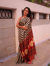 Black & Red Modal Saree with Striped Body and Ajrakh Printed Blouse | Handcrafted Saree