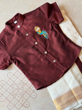 Velum Mayilum Hand-Embroidered Boys Temple Shirt & Dhoti Set — South Indian Traditional Ethnic Wear Onam Edit