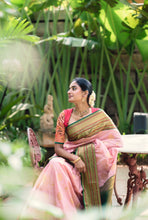 Semi Kanchi Silk Saree – Peach with Green Zari Border