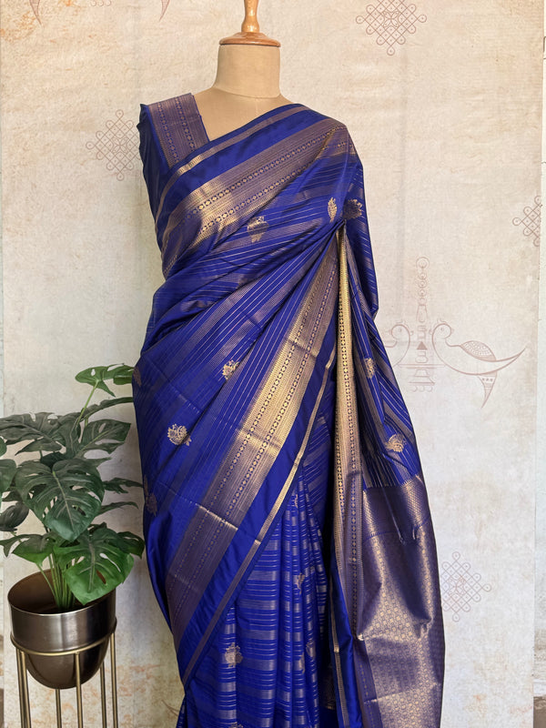 Royal Blue Semi Kanchi Silk Saree with Gold Zari Buttas & Grand Pallu