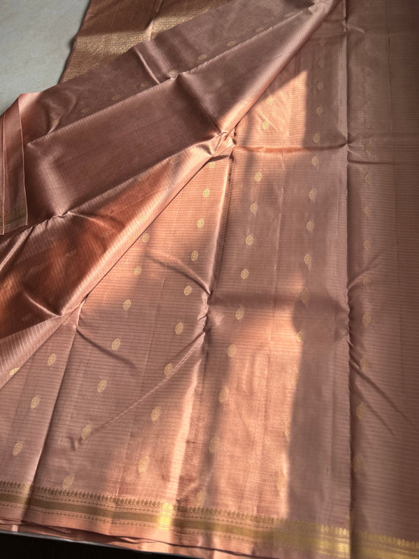 Pure Kanjivaram Soft Silk Saree in Antique Rose with Zari Buttas & Kanchi Border – Vintage Edition