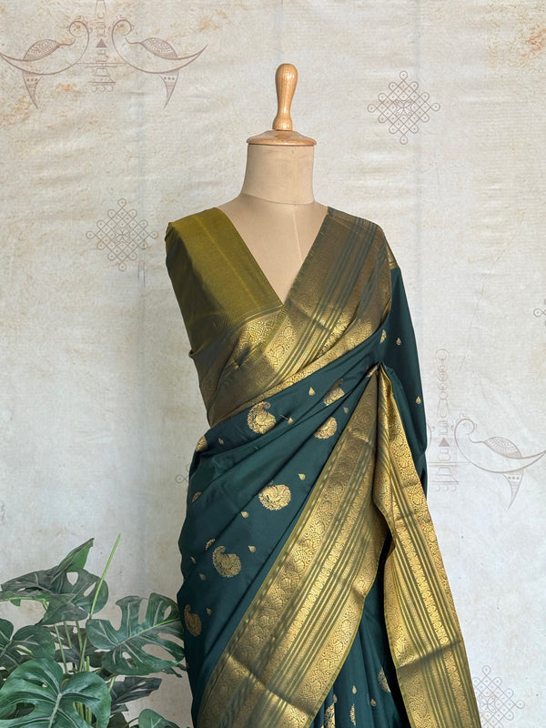 Semi Kanchi Silk Saree – Green & Gold Saree