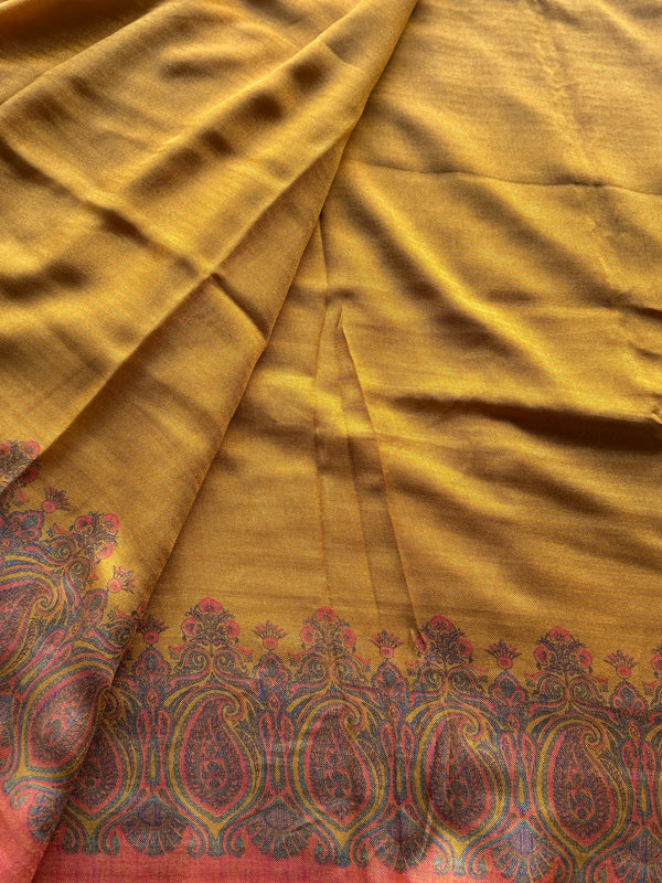 Soft Kashmir Pashmina Saree – Mustard Yellow Paisley Weave