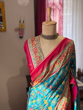 Royal Teal Patola Pashmina Saree with Red Border