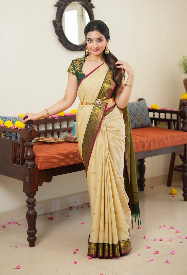 Ivory Semi Kanchi Silk Saree with Green Zari Border & Traditional Pallu