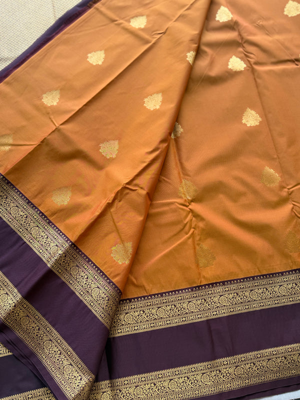Semi Kanchi Silk Saree – Rust Orange & Deep Purple with Zari Buttas | Retta Petta Border