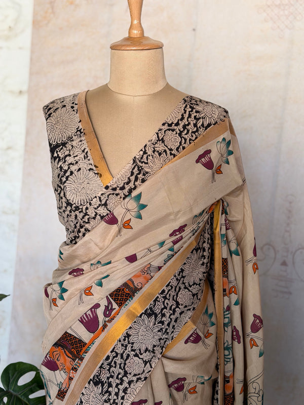 Pure Chennuri Silk Kalamkari Saree with Zari Border