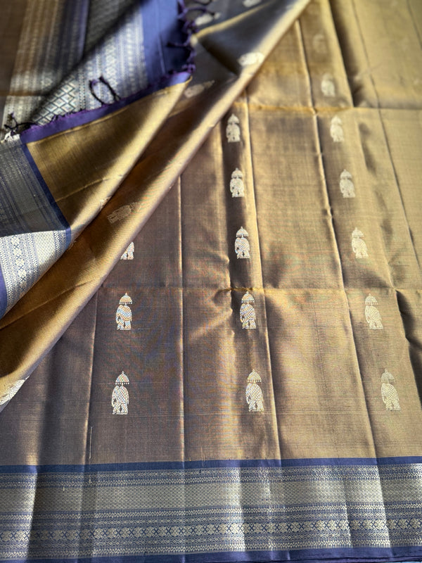 Pure Kanjivaram Soft Silk Saree with Elephant Zari Buttas & Kanchi Border – Vintage Edition