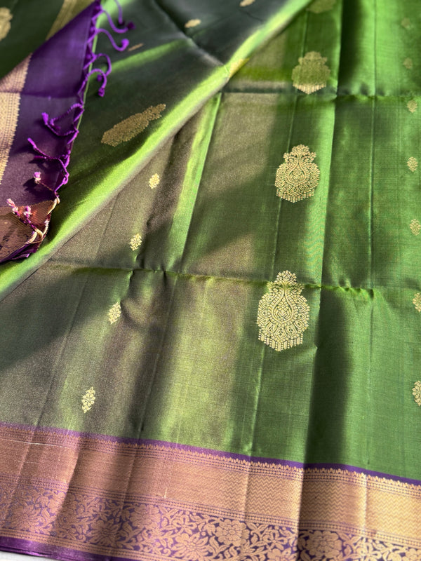 Pure Kanjivaram Soft Silk Saree – Vintage Green with Purple Zari Border