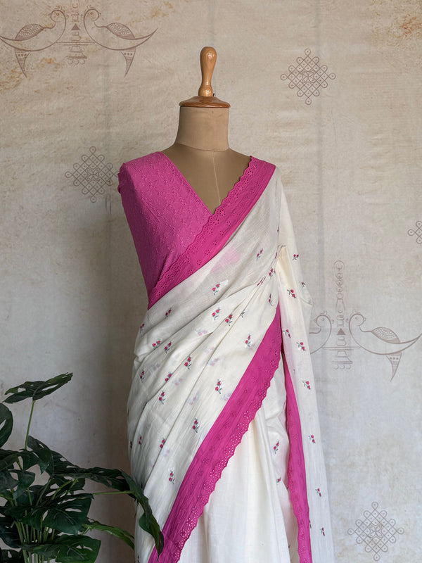 Varnika - Pure Cotton Multi Floral Embroidered Saree with Hakoba Lace - Onam Edit