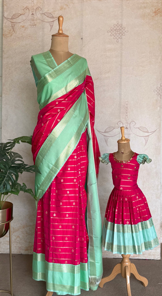 Mom and daughter in matching semi-Kanchi sets for a home photoshoot, Studio Virupa