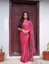 Rani Pink Modal Silk Bagru Print Saree with Mirror Work | Ajrakh Blouse