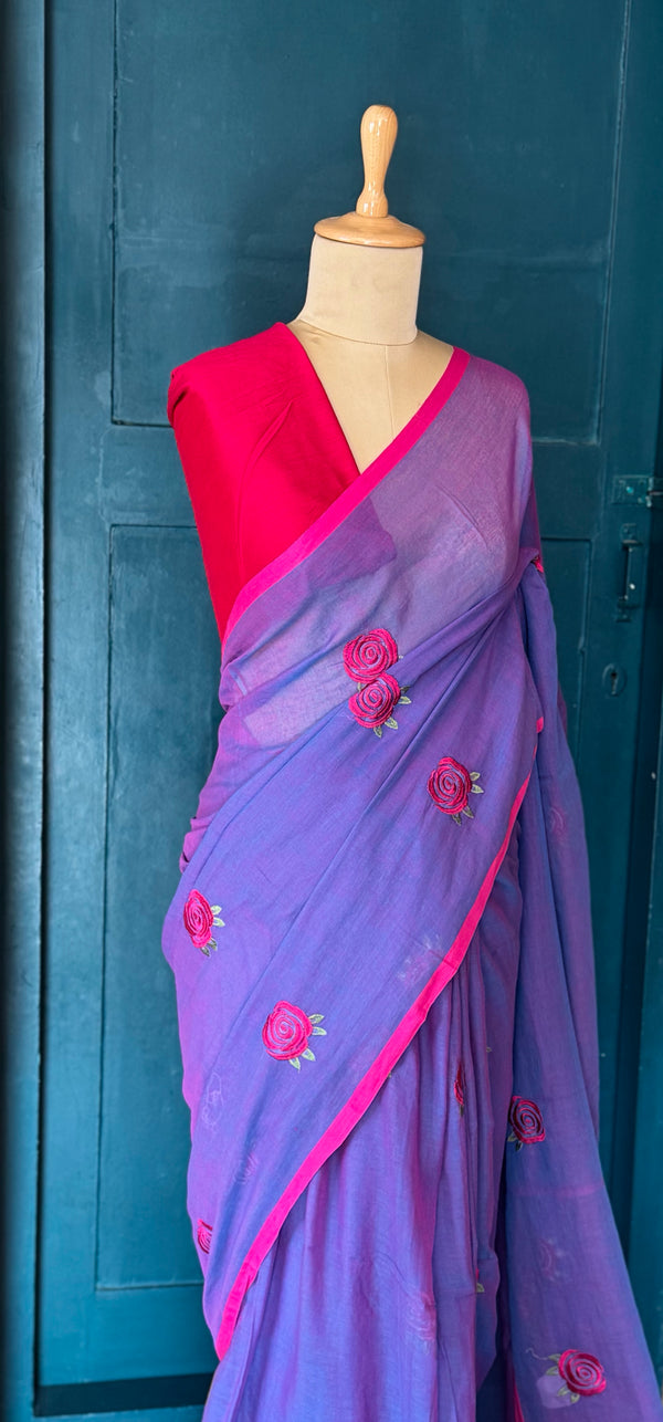 Mul Cotton Saree – Purple with Pink Floral Embroidery & Contrast Border