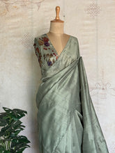 Vasiga - Sage Bloom Tussar Saree with Floral Printed Blouse