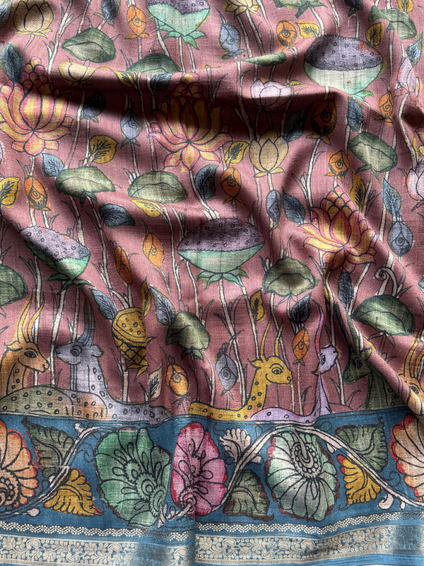 Gulmohar - Pen Kalamkari Tussar Silk Saree with Zari Border & Artistic Pallu