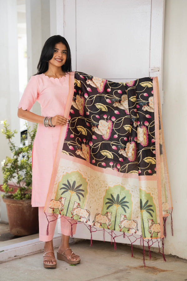 Dwaraka - Blush Pink Raw Silk Suit Set with Floral Kalamkari Zari Dupatta