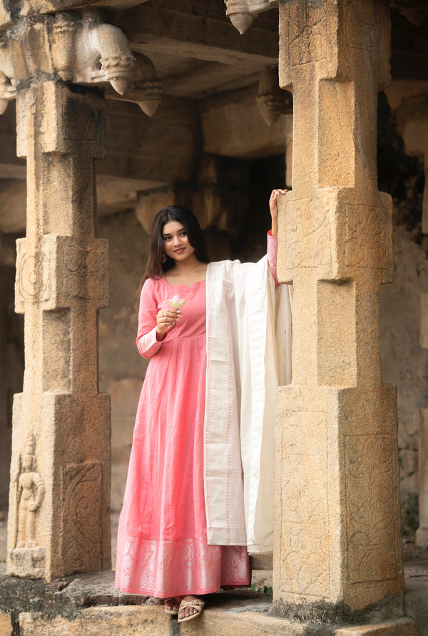 Padma - Pure Cotton Full Sleeve Anarkali Dress with Woven Dupatta – Blush Pink