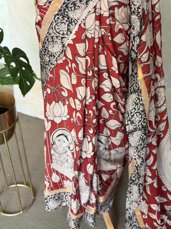 Pure Chennuri Silk Kalamkari Saree with Pichwai Florals & Bal Krishna Motifs – Red & Black with Zari Border