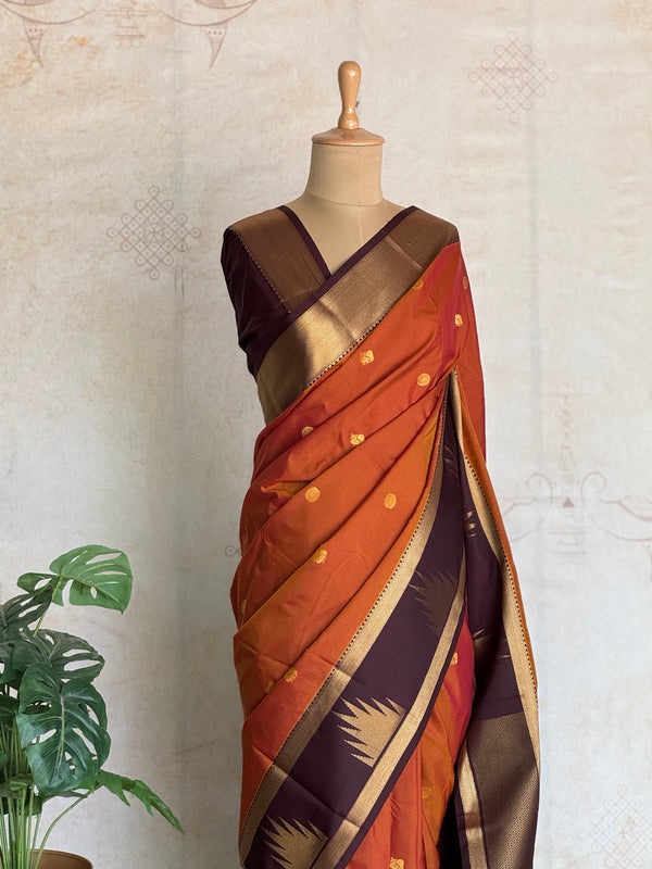 Kanchi Silk Saree in Rust Orange with Kanchi Border & Talampoo Border