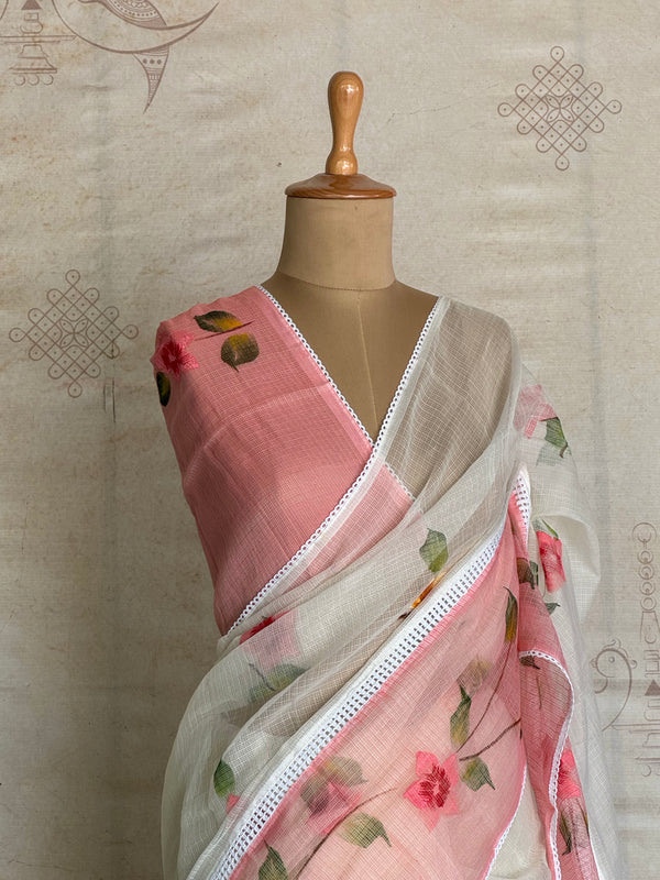 Hand-Painted Floral Kota Cotton Saree with Soft Pink Border - Onam Edit