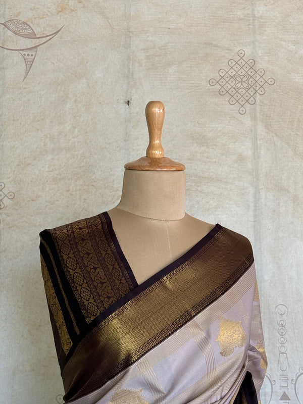 Semi Kanchi Silk Saree – Lavender & Navy with Gold Zari