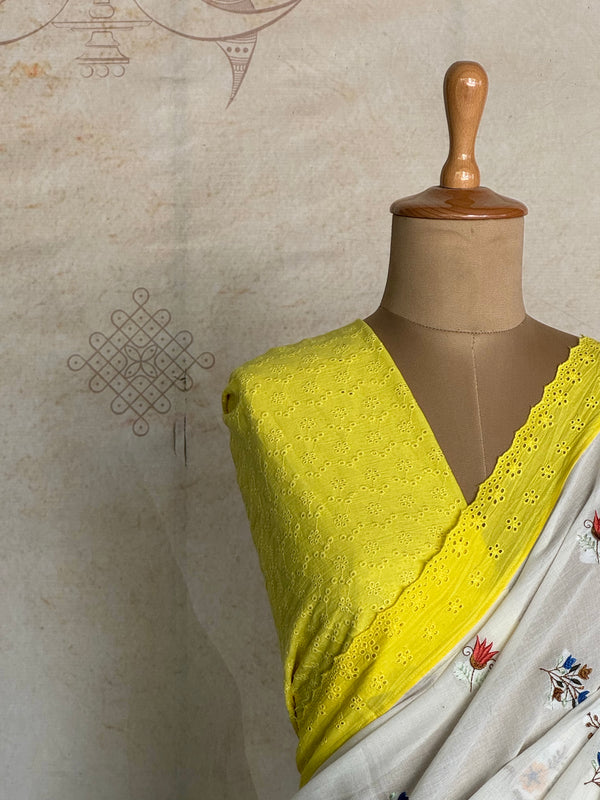 Varnika - Pure Cotton Multi Floral Embroidered Saree with Hakoba Lace - Onam Edit