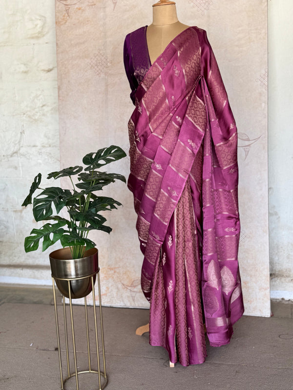 Ishara Mashru Silk Saree - Wine Magenta with Zari Jaal & Floral Buttas