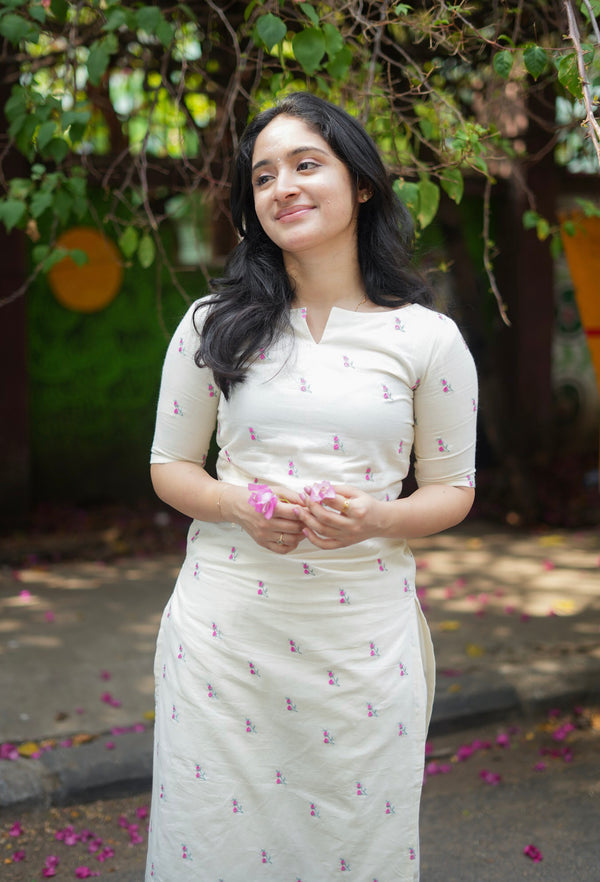 Pure Cotton Floral Embroidered Co Ord Set - Onam Edit